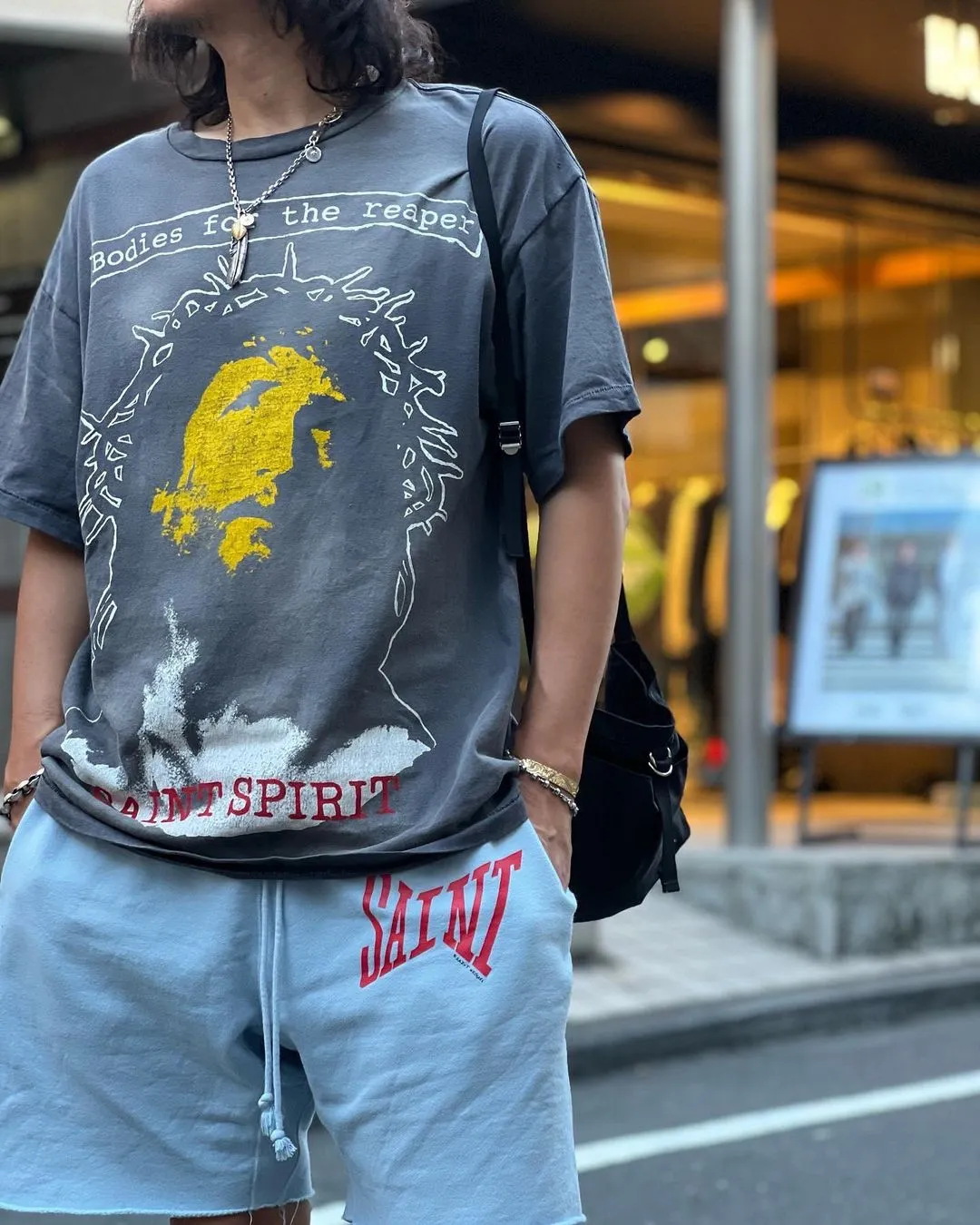 SAINT MICHAEL SS TEE/B FOR REAPER Jesus Hell's Angels Washed and Distressed Short Sleeves Washed Black S-XL Garment Dyed Printed Washed and Distressed